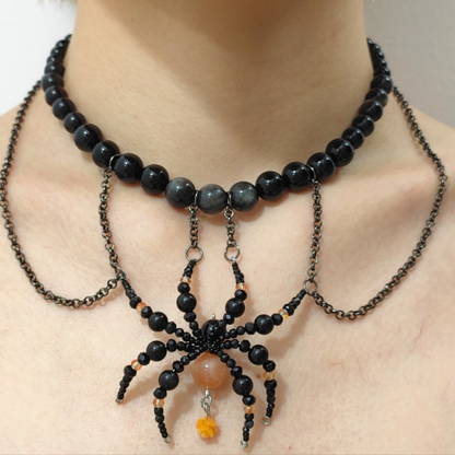 Halloween Spider Necklace DIY Kit – Natural Obsidian & Sunstone Crystals