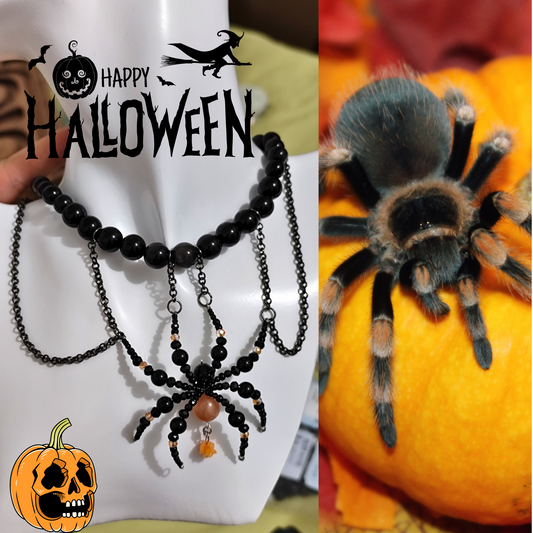 Halloween Spider Necklace DIY Kit – Natural Obsidian & Sunstone Crystals