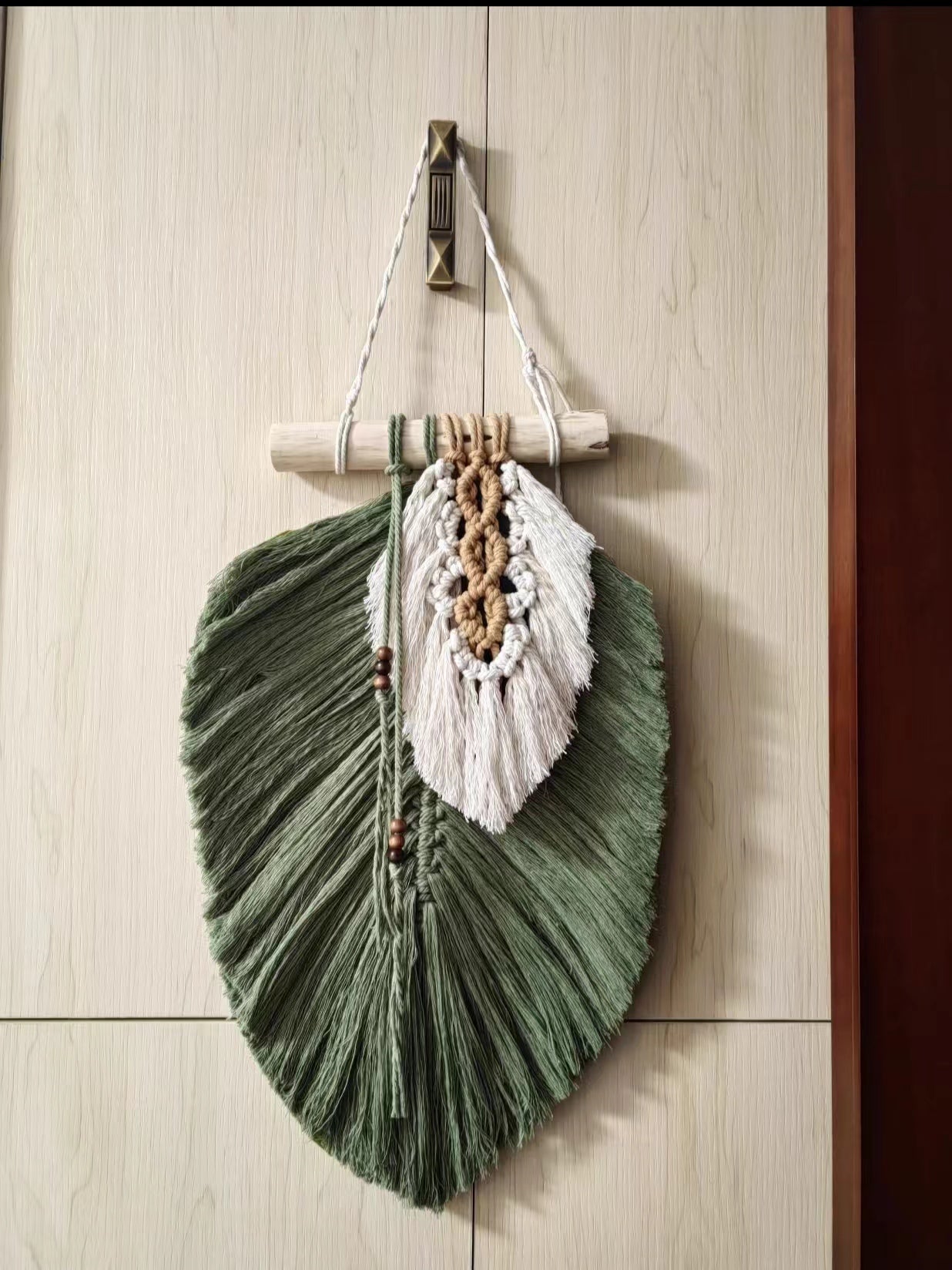 Bohemian Handwoven Avocado Green Feather Wall Hanging DIY Kit – Retro & Natural Aesthetic