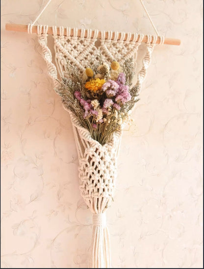 Handwoven Flower Basket Wall Hanging DIY Kit - Bohemian Tassel Decor for Home and Gifts