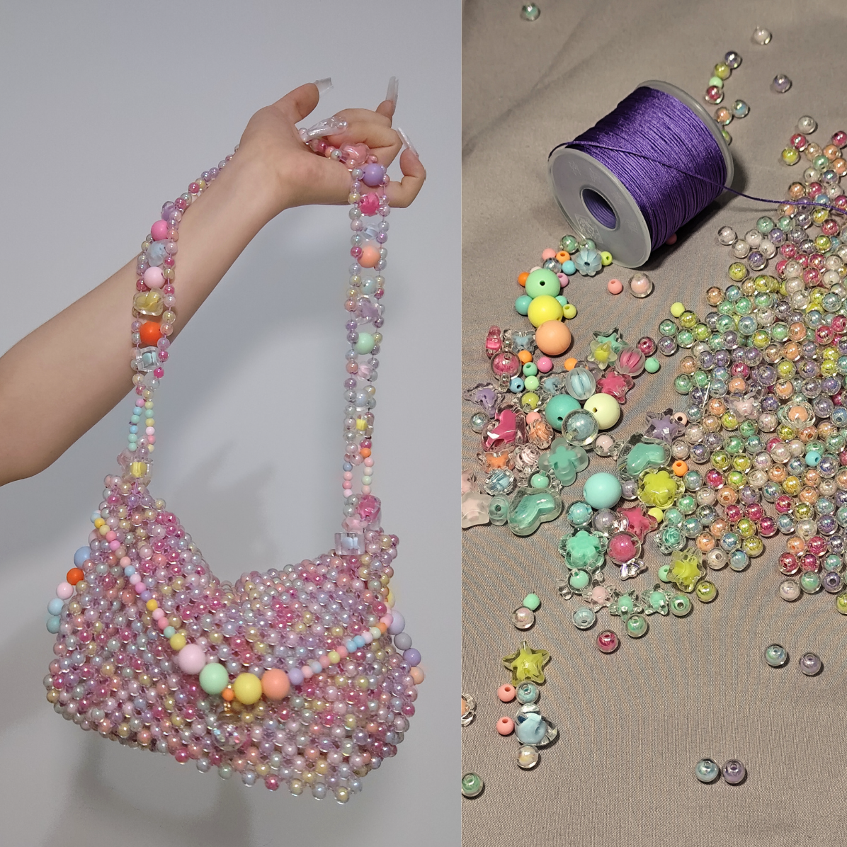 DIY Colorful Candy Heart Bag Kit – Complete Crafting Set with Beads, Pendant, and Nylon Cord