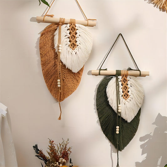 Bohemian Handwoven Avocado Green Feather Wall Hanging DIY Kit – Retro & Natural Aesthetic