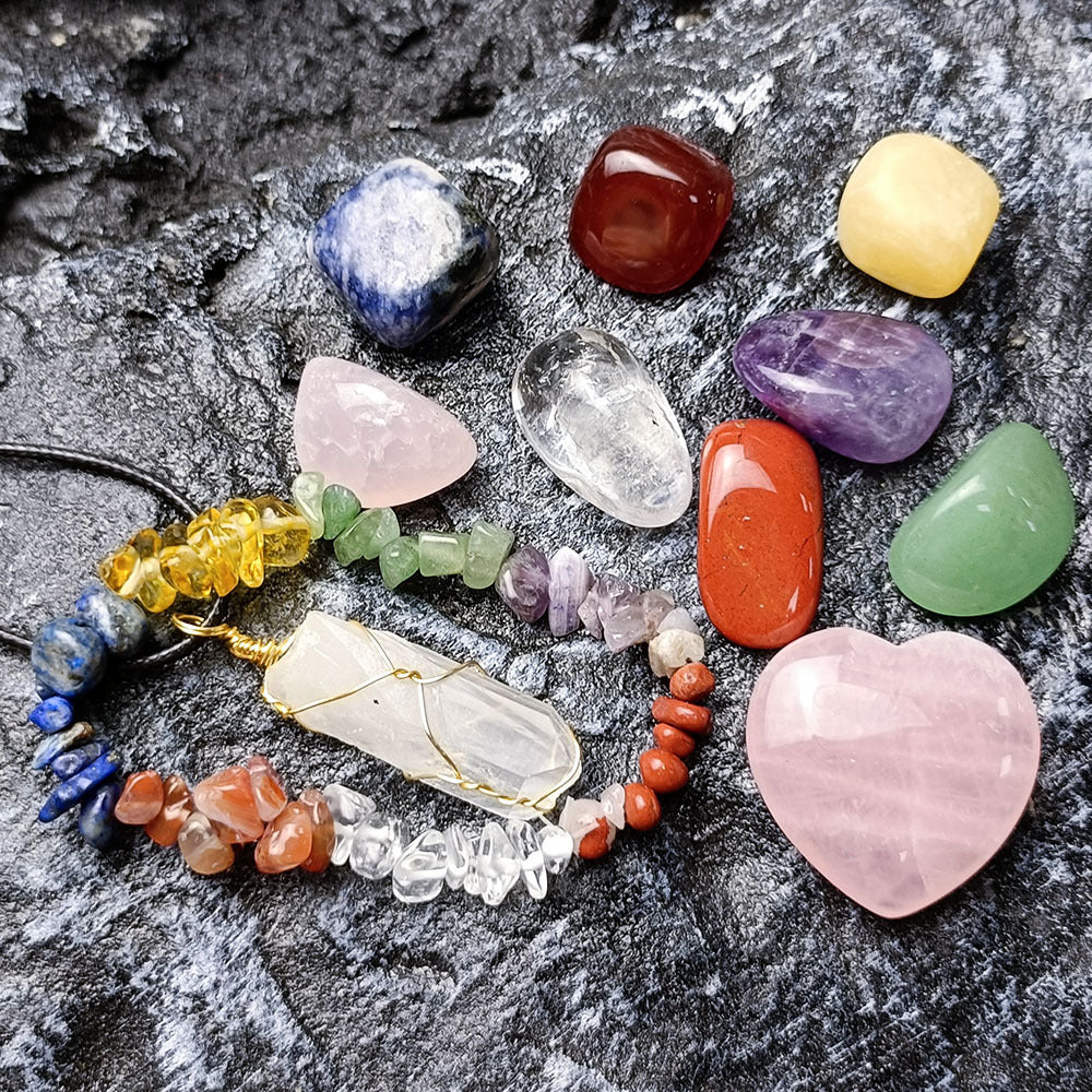 Chakra Harmony: Seven Chakra Healing Crystal Set with Bracelet, Pendants, and Gemstone Decor